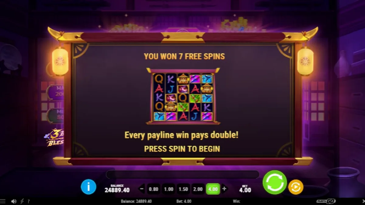Tampilan visual slot 3 Blades & Blessings dengan tema ninja dan Jepang feodal