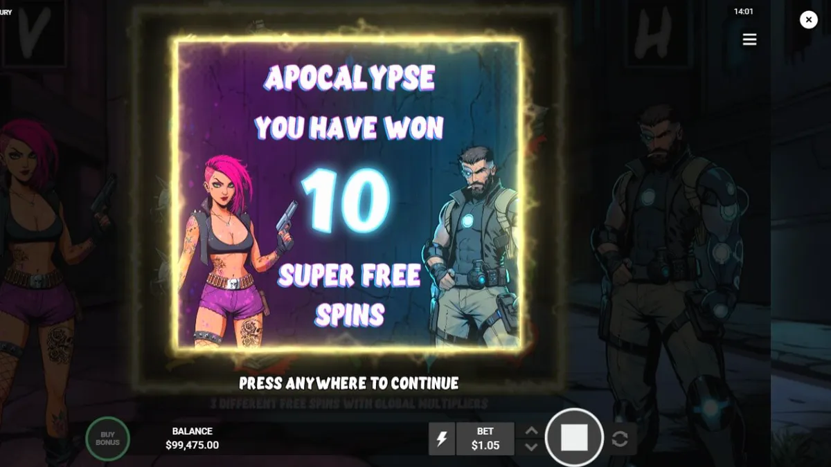 Tampilan layar permainan slot Vendetta Fury dengan tema cyberpunk dan karakter Vandal serta Havoc.