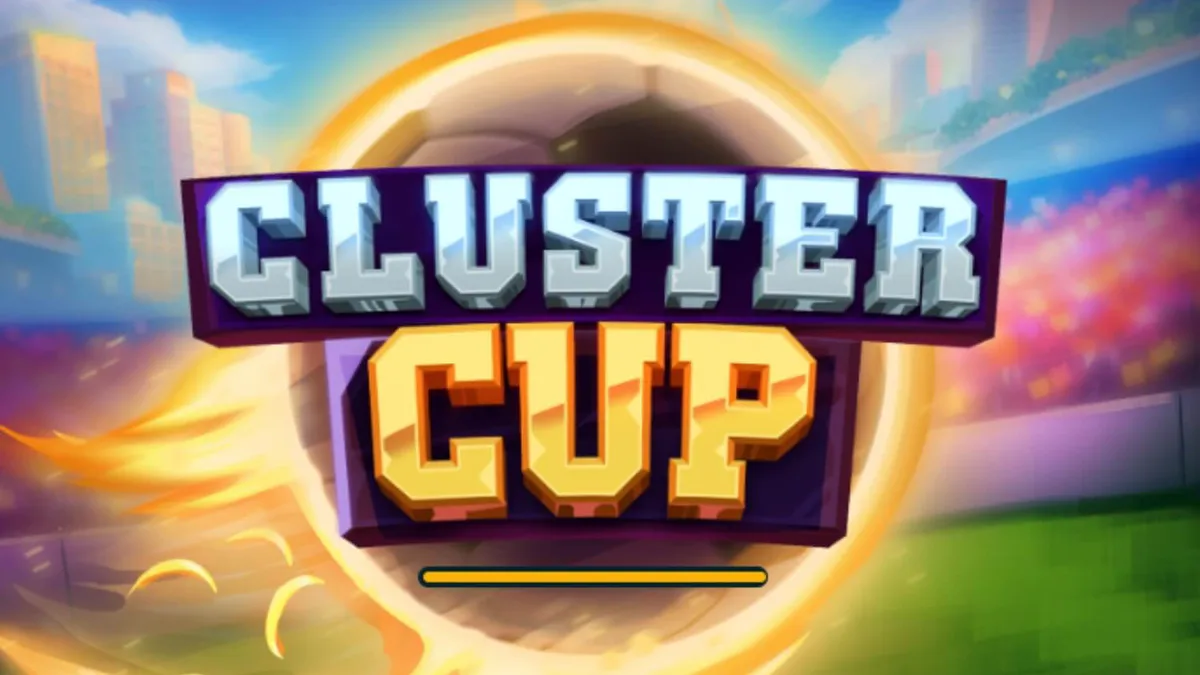 Tampilan grid 7x7 dalam slot Cluster Cup dengan tema stadion sepak bola yang meriah.